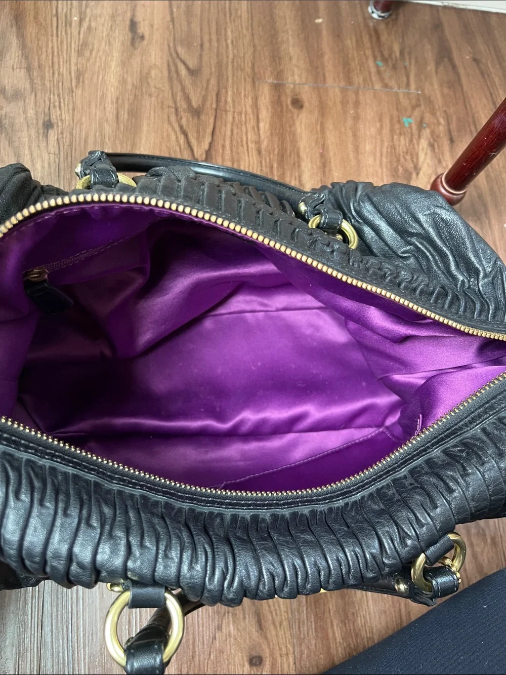 Coach Black Ruched Leather Satchel with Gold Hardware